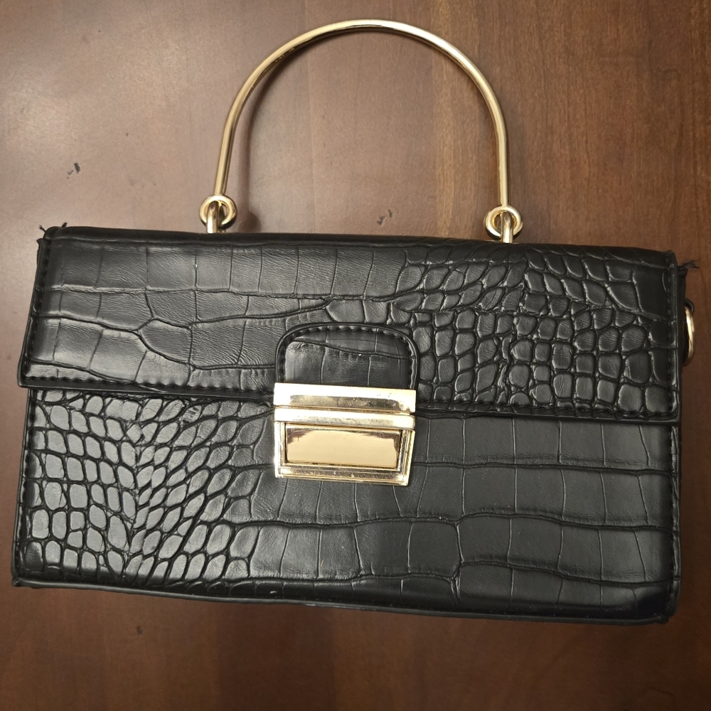 Primark Black Croc-Embossed Top-Handle Satchel with Gold Hardware